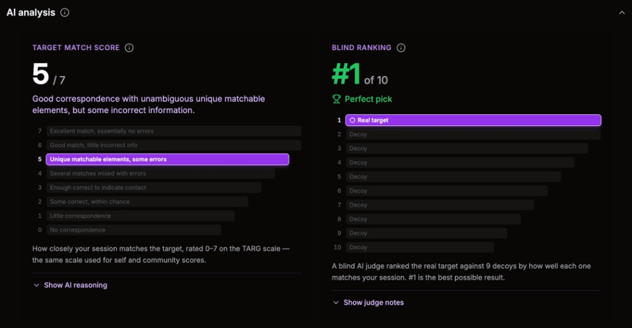 Social RV AI analysis showing a target match score and blind ranking